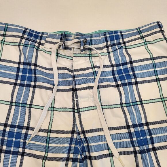 Merona Men's Large Swim Trunks Blue White Green Plaid Elastic Waist Drawstring - Picture 10 of 14